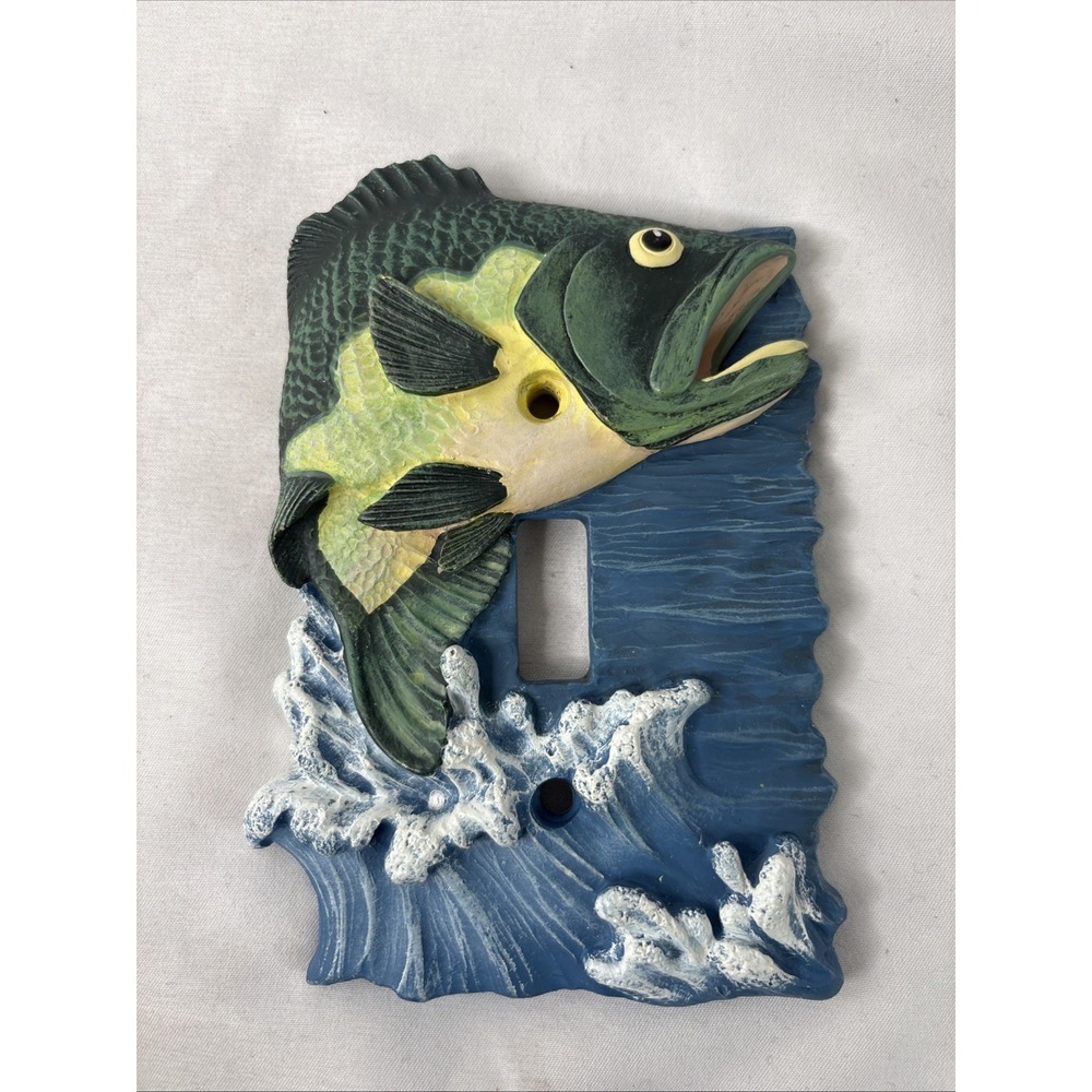 Vintage 1997 Figi Home Decor Hand Painted Bass Fish Light Switch Plate No Screws